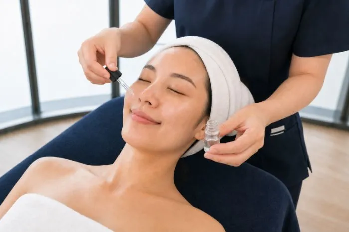An ampoule pressed into the skin during a facial