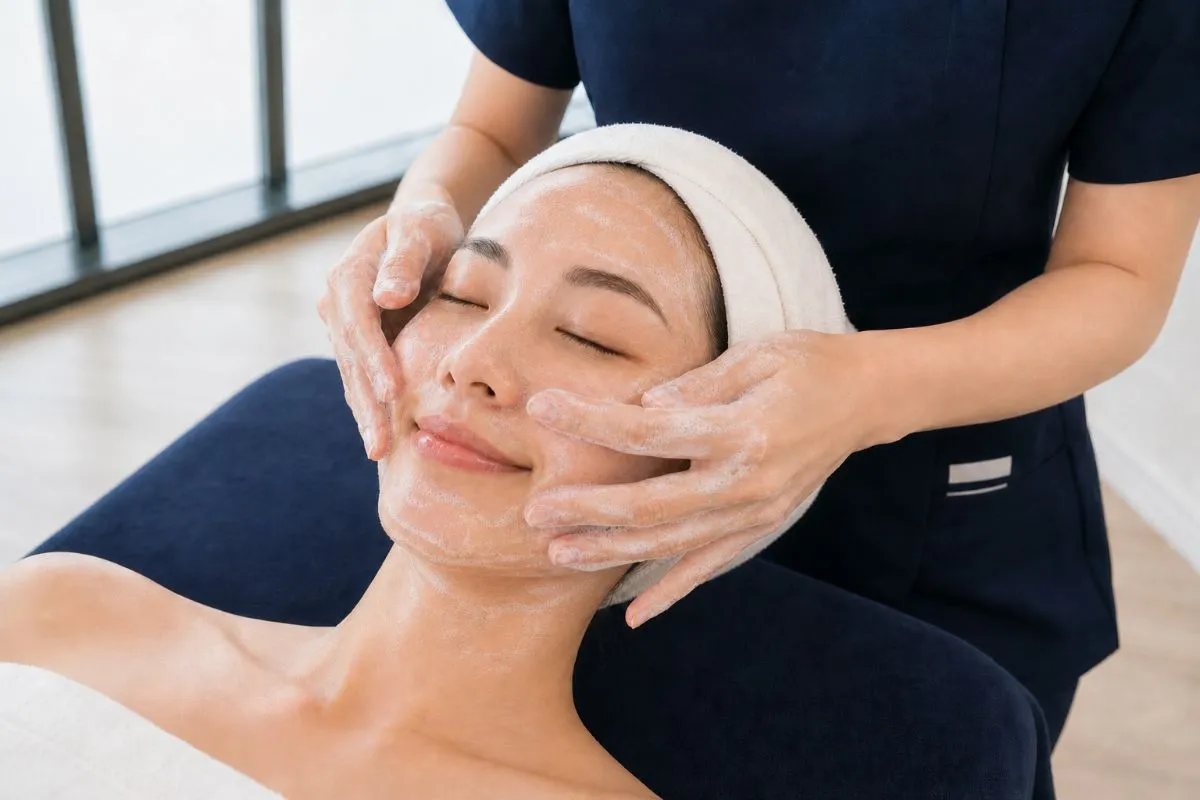 Therapist cleansing the face with both hands