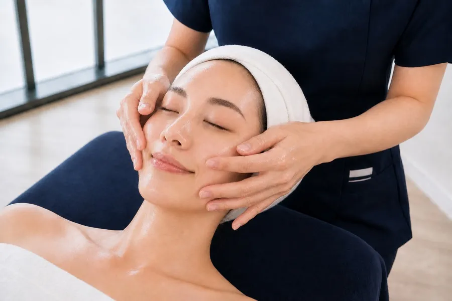 Therapist massaging collagen gel into the face with both hands