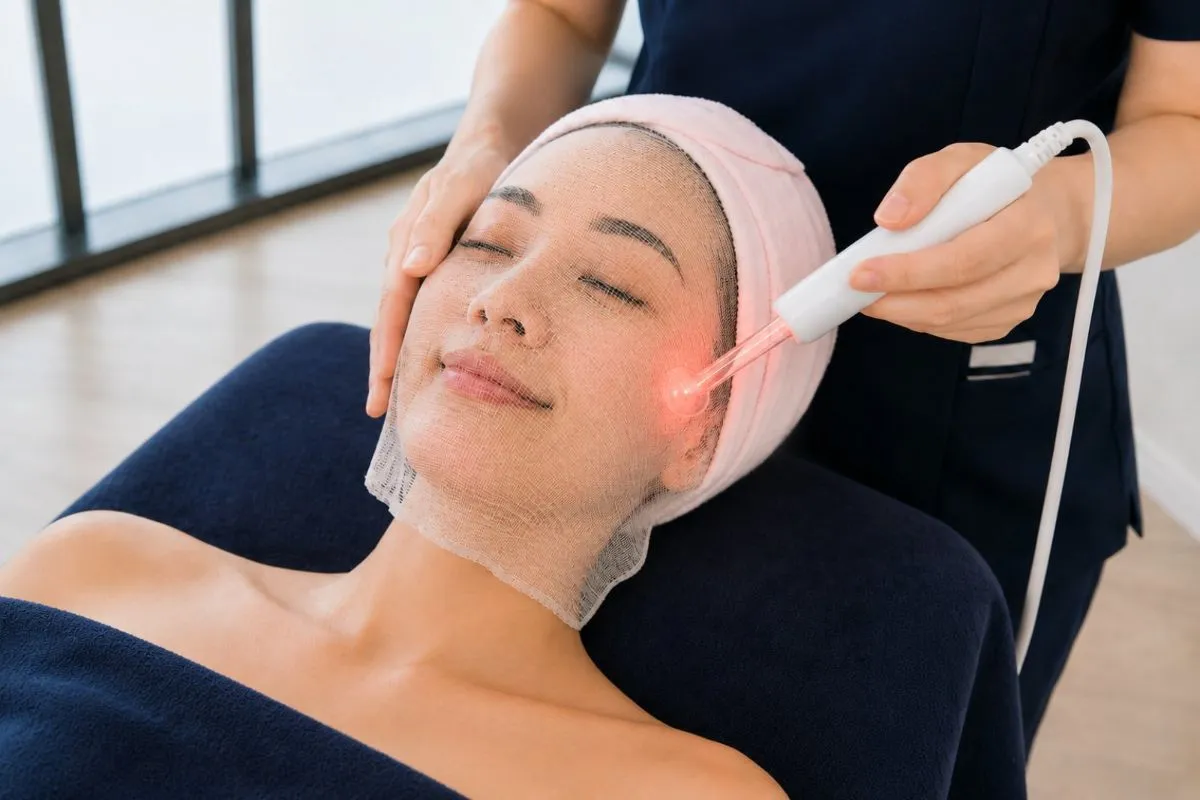 Therapy light held over the face after peeling