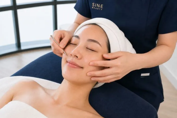 Close, precise blackhead and pimple extraction during the facial