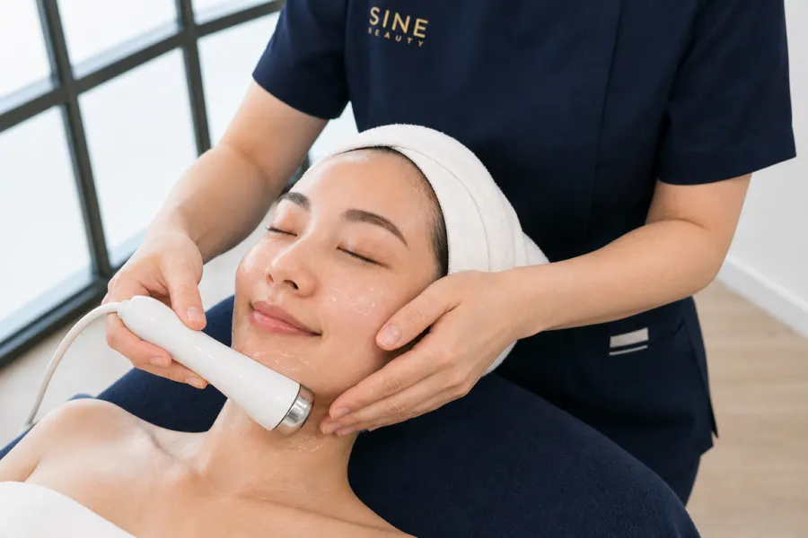 Ultrasound handpiece worked over serum along the jaw